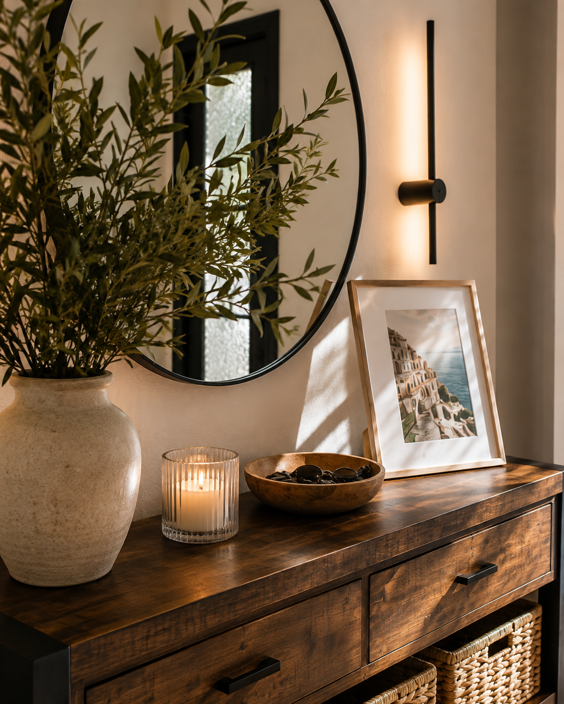 Entryway console table with framed art print and mirror