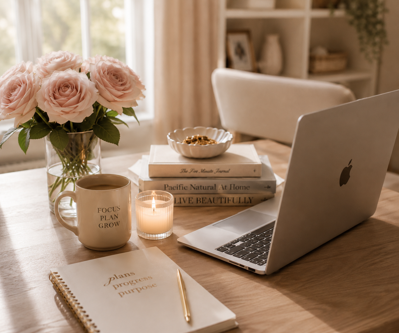 Desk with laptop, coffee, journal, and candle