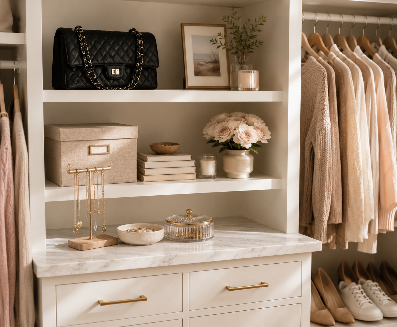 Closet shelf with handbag, jewelry, and clothing