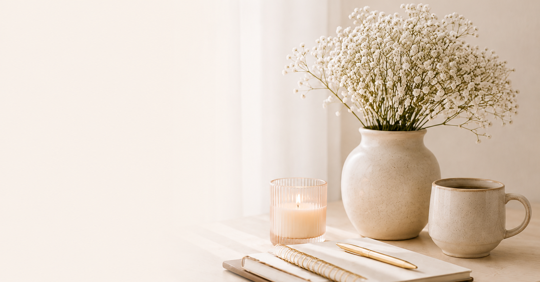 A vase of baby's breath flowers, a lit candle, a mug of coffee, and a journal with a pen on a sunlit desk