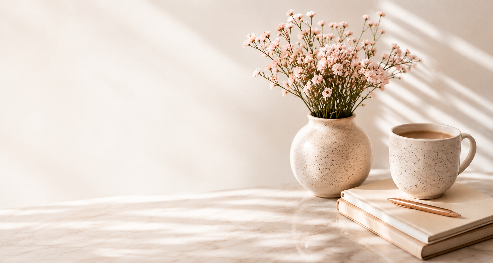 A ceramic vase of pink baby's breath flowers and a mug of coffee on a marble table beside two closed notebooks and a pen, with soft afternoon light and shadow across a cream wall