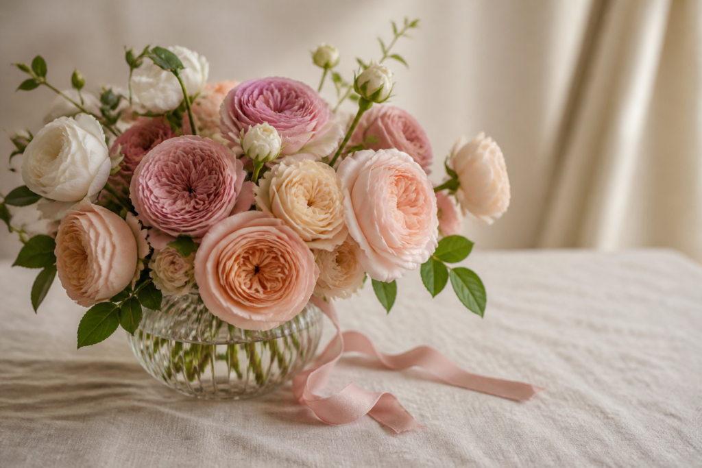 A glass vase of blush and cream garden roses tied with a satin ribbon