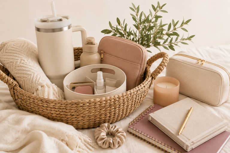 A woven basket with a tumbler, water bottle, travel organizer, and pouch, beside a candle, notebooks, and a scrunchie