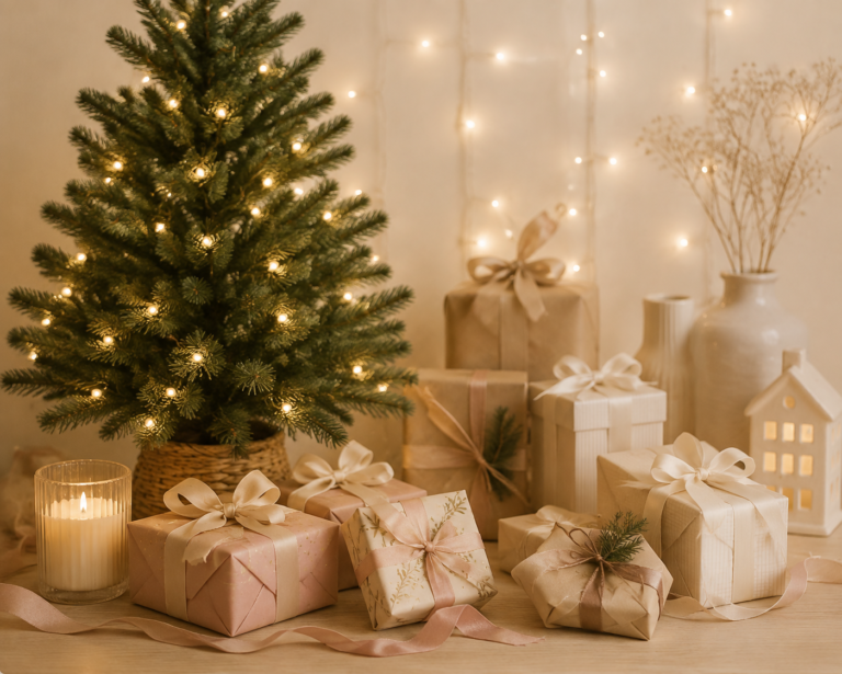 A small lit Christmas tree surrounded by wrapped gifts and string lights