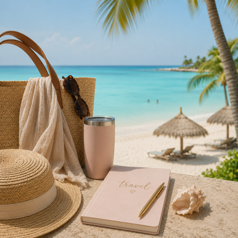 A woven beach tote, sun hat, tumbler, and a travel journal on a table overlooking a tropical beach