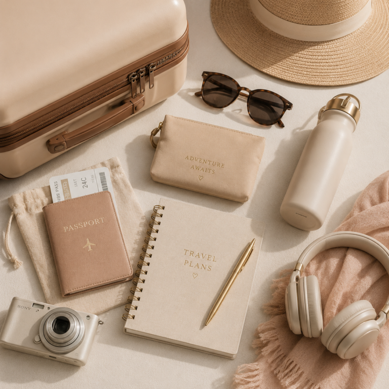 A packing flatlay with a suitcase, passport, an Adventure Awaits pouch, a Travel Plans notebook, a camera, and headphones