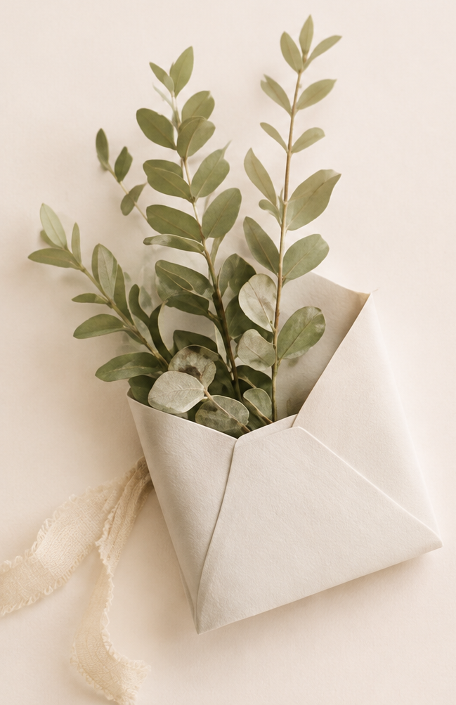 A folded paper envelope with sprigs of eucalyptus tucked inside, tied with a linen ribbon